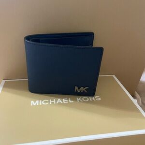Michael Kors Men's Navy Leather Bi-Fold Wallet with MK Logo